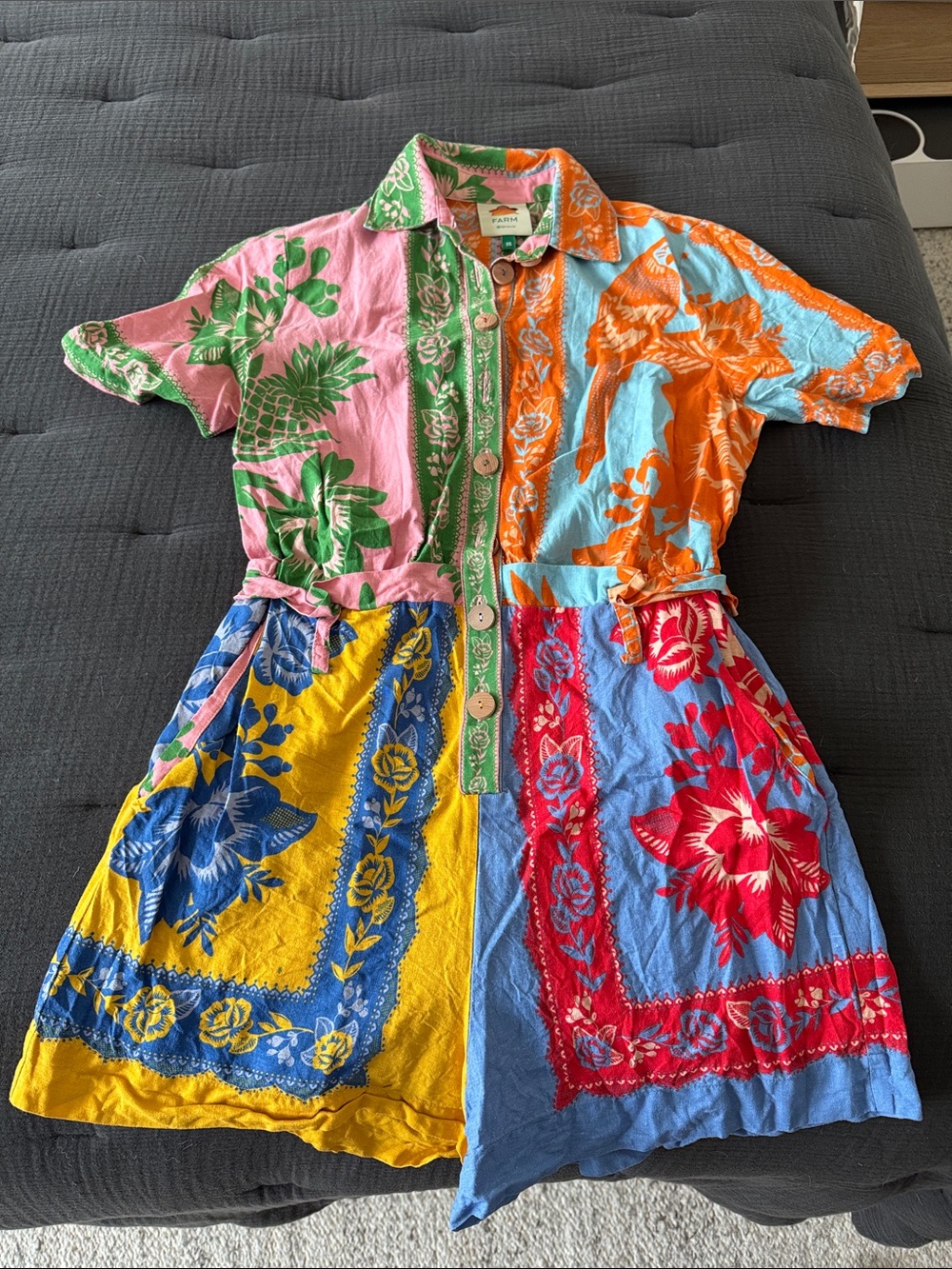 FARM Rio Colorblock Floral Patchwork Short-Sleeve Button Jumpsuit